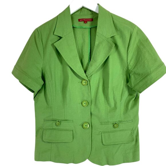cropped short sleeve jacket top 3 buttons lapel hip pockets apple green sz 13 - Picture 1 of 16